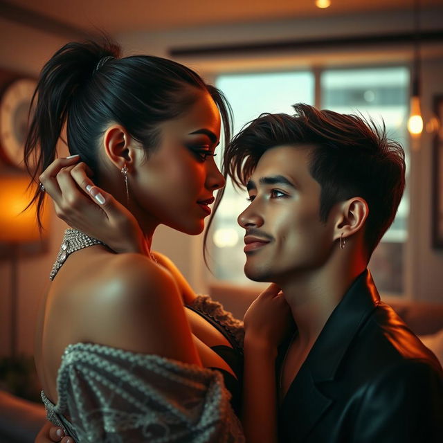 A captivating scene featuring a stunning supermodel with striking features and an alluring outfit, leaning in close to an innocent-looking guy who appears slightly shy but intrigued