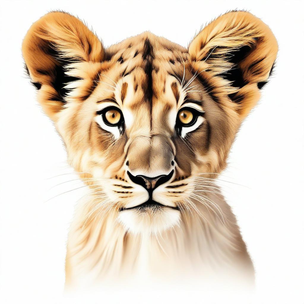 A high-quality, detailed illustration of a full-bodied lion cub against a stark white background