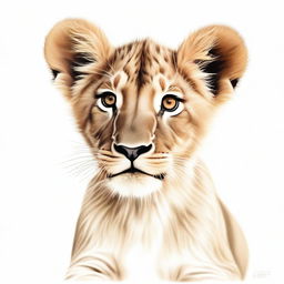 A high-quality, detailed illustration of a full-bodied lion cub against a stark white background