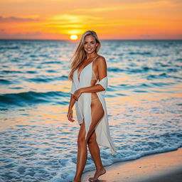 Clara, a stunning blonde woman with tan skin, standing on the edge of a breathtaking paradise beach at sunset