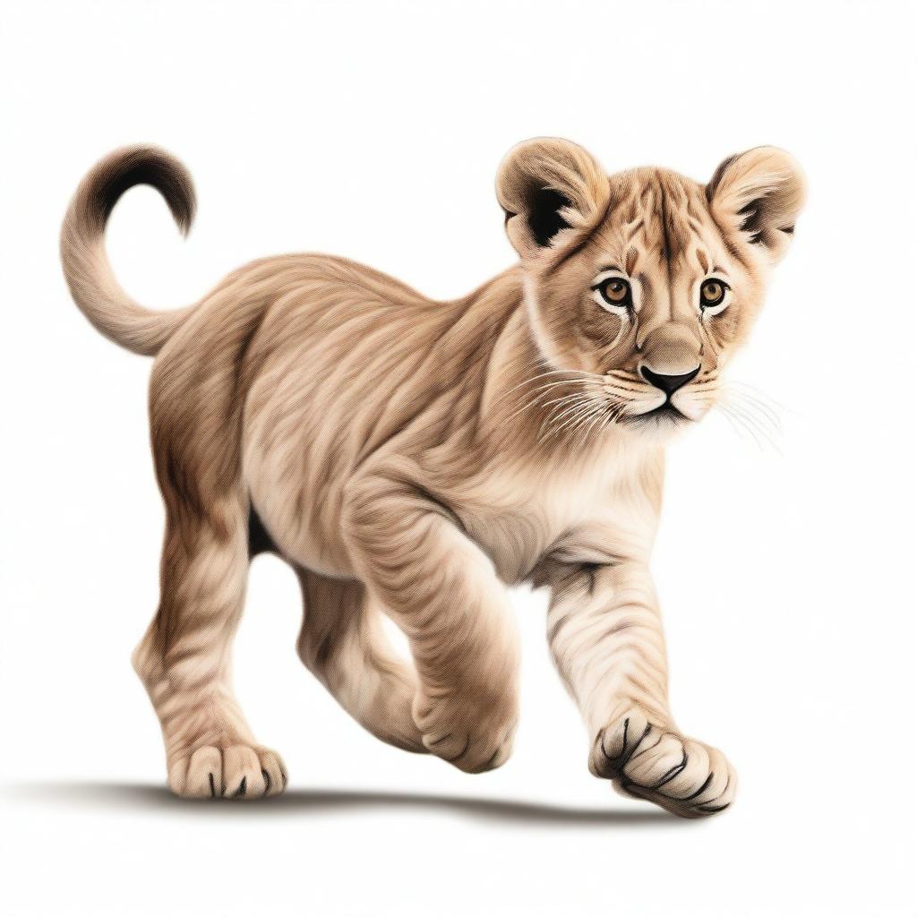 A high-quality, detailed illustration of a lion cub in mid-stride against a stark white background