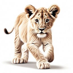 A high-quality, detailed illustration of a lion cub in mid-stride against a stark white background