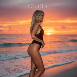 Clara, a gorgeous blonde woman with tan skin, posed in profile wearing a stylish swimsuit at the edge of a stunning paradise beach during sunset