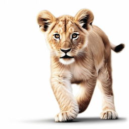 A high-quality, detailed illustration of a lion cub in mid-stride against a stark white background