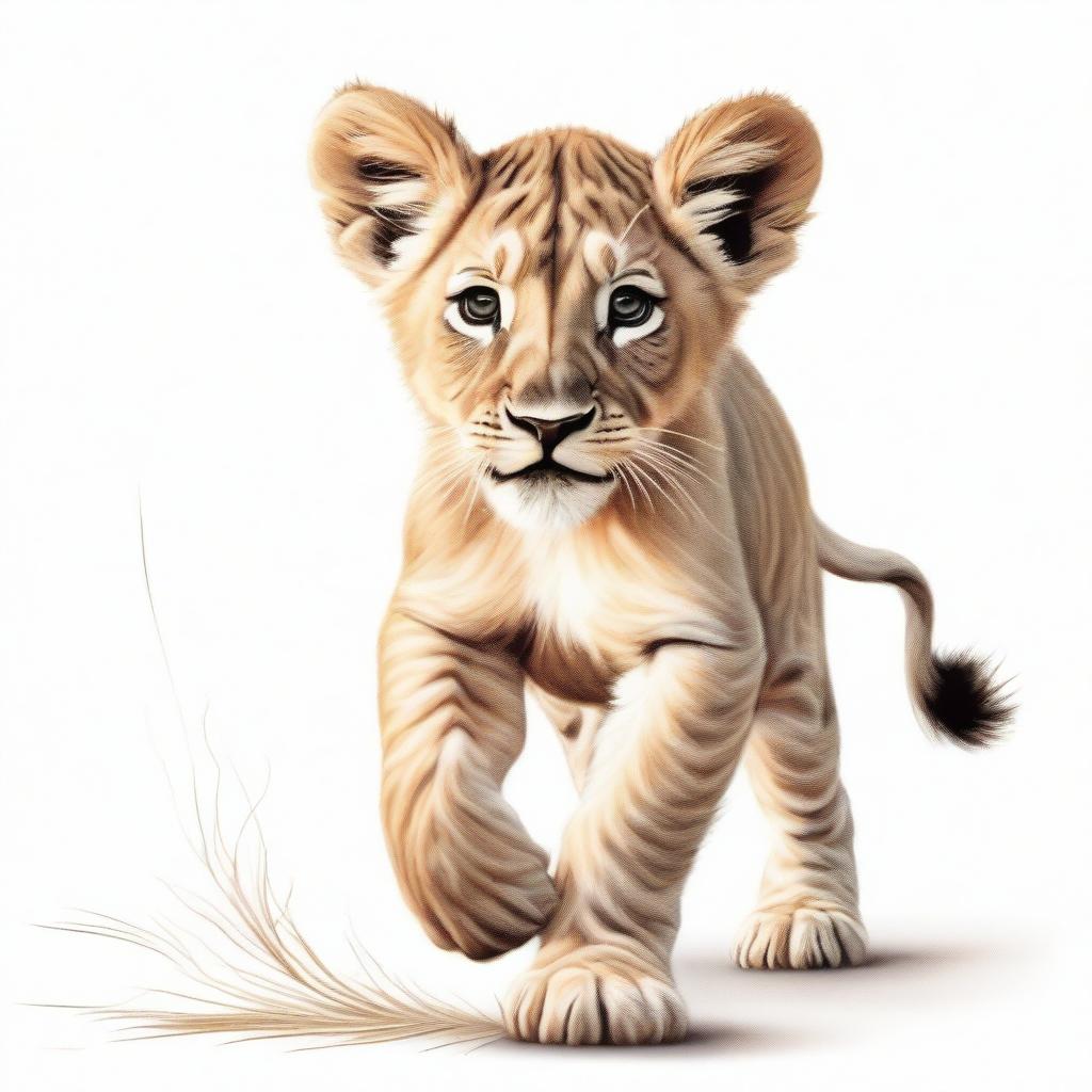 A high-quality, detailed illustration of a lion cub in mid-stride against a stark white background