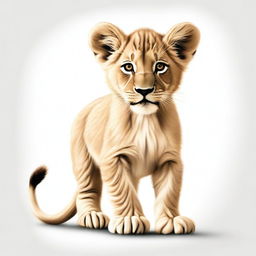 A high-quality, detailed illustration of a lion cub either walking or sitting against a stark white background