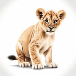 A high-quality, detailed illustration of a lion cub either walking or sitting against a stark white background