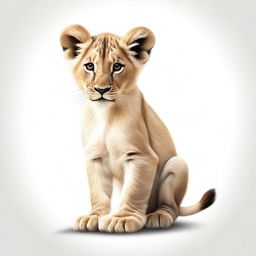 A high-quality, detailed illustration of a lion cub either walking or sitting against a stark white background