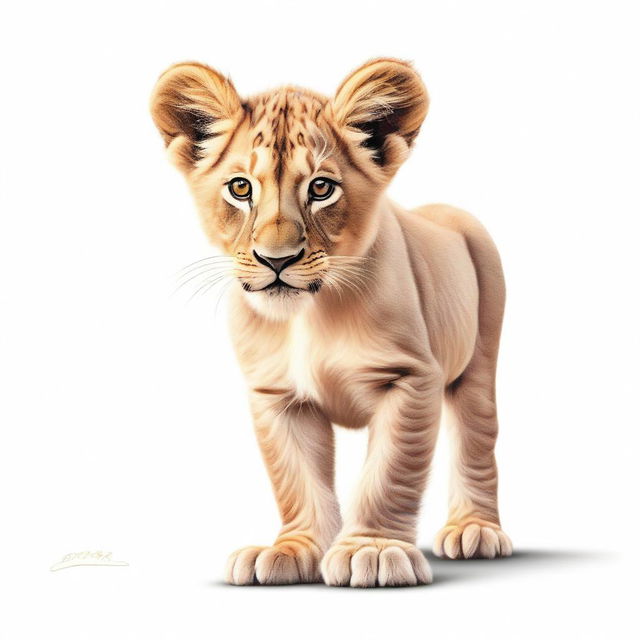 A high-quality, detailed illustration of a lion cub either walking or sitting against a stark white background