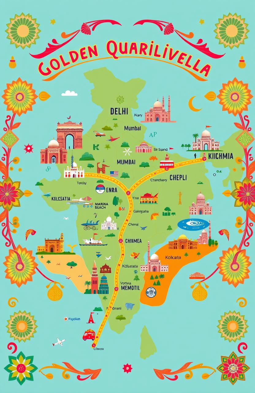 A vibrant and artistic representation of the Golden Quadrilateral, showcasing the major highways that connect the four metropolitan cities of India: Delhi, Mumbai, Chennai, and Kolkata