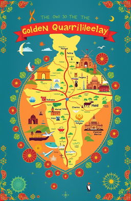 A vibrant and artistic representation of the Golden Quadrilateral, showcasing the major highways that connect the four metropolitan cities of India: Delhi, Mumbai, Chennai, and Kolkata