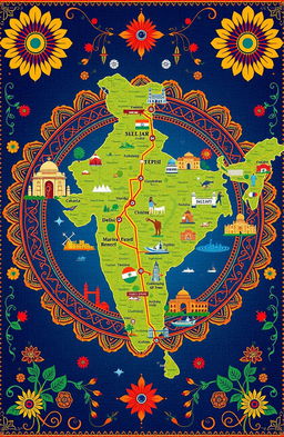 A vibrant and artistic representation of the Golden Quadrilateral, showcasing the major highways that connect the four metropolitan cities of India: Delhi, Mumbai, Chennai, and Kolkata