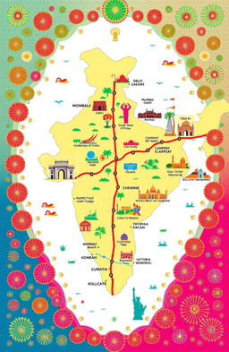 A vibrant and artistic representation of the Golden Quadrilateral, showcasing the major highways that connect the four metropolitan cities of India: Delhi, Mumbai, Chennai, and Kolkata