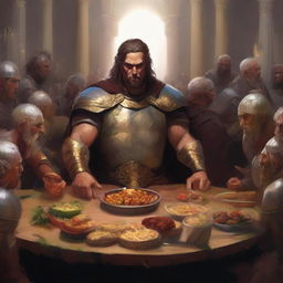 A high-quality digital painting of a powerful, arrogant male warrior seated at a round table filled with food and drinks, surrounded by other warriors