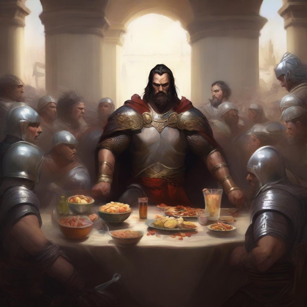 A high-quality digital painting of a powerful, arrogant male warrior seated at a round table filled with food and drinks, surrounded by other warriors