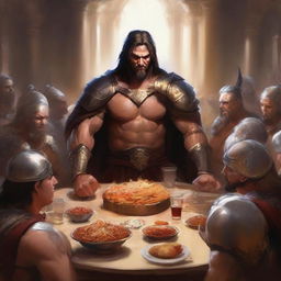 A high-quality digital painting of a powerful, arrogant male warrior seated at a round table filled with food and drinks, surrounded by other warriors