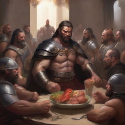 A high-quality digital painting of a powerful, arrogant male warrior seated at a round table filled with food and drinks, surrounded by other warriors