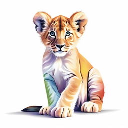 A high-quality, detailed illustration of a six-colored lion cub either walking or sitting against a stark white background