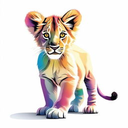 A high-quality, detailed illustration of a six-colored lion cub either walking or sitting against a stark white background