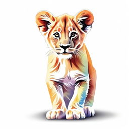 A high-quality, detailed illustration of a six-colored lion cub either walking or sitting against a stark white background