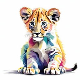 A high-quality, detailed illustration of a six-colored lion cub either walking or sitting against a stark white background