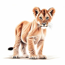 A high-quality, detailed illustration of a lion cub either walking or sitting against a stark white background