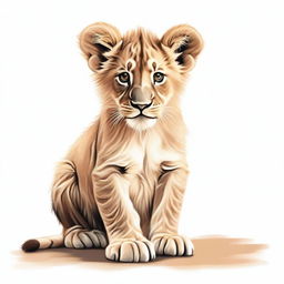 A high-quality, detailed illustration of a lion cub either walking or sitting against a stark white background