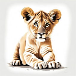 A high-quality, detailed illustration of a lion cub either walking or sitting against a stark white background