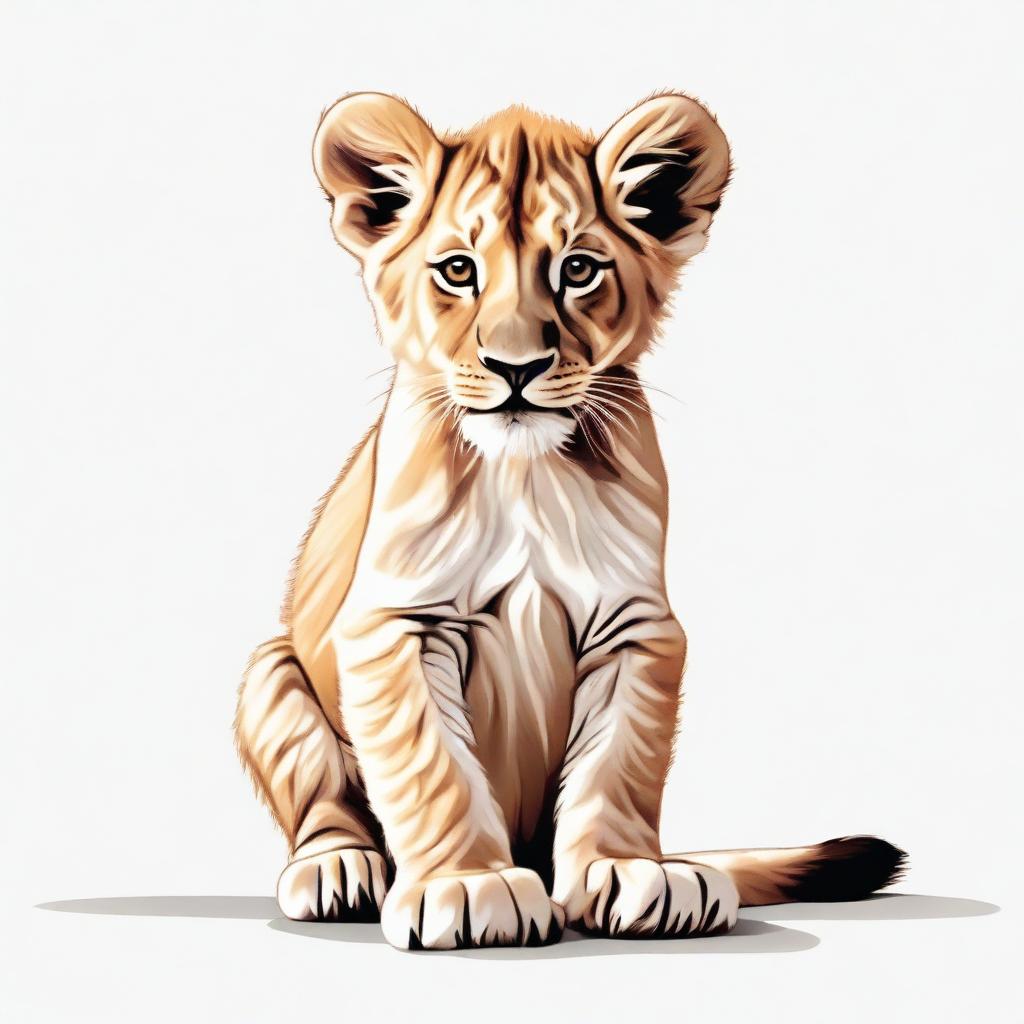 A high-quality, detailed illustration of a lion cub either walking or sitting against a stark white background