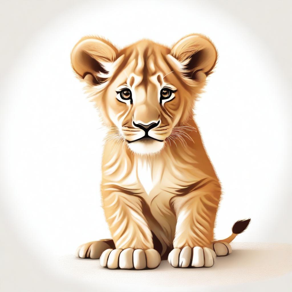 A high-quality, detailed illustration of a lion cub either walking or sitting against a stark white background