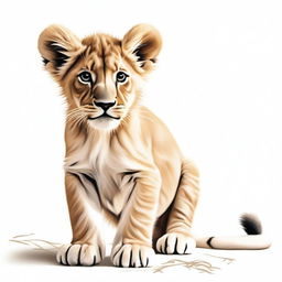 A high-quality, detailed illustration of a lion cub either walking or sitting against a stark white background