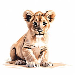 A high-quality, detailed illustration of a lion cub either walking or sitting against a stark white background