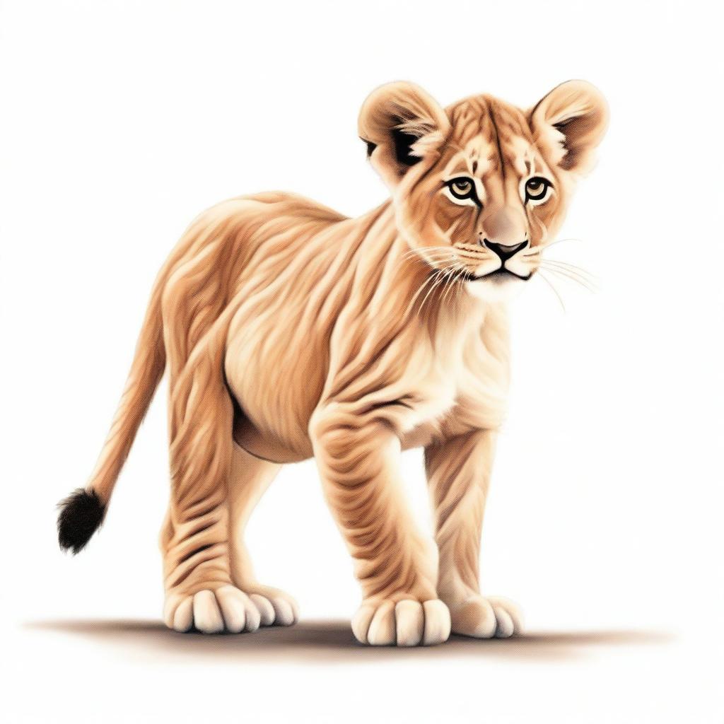 A high-quality, detailed illustration of a lion cub either walking or sitting against a stark white background