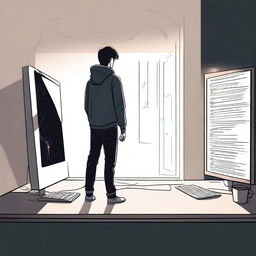 A high-quality digital art image shows a 22-year-old man, struggling with depression, standing on the edge of darkness and reaching towards a faint light from a computer screen displaying a User Experience Design interface