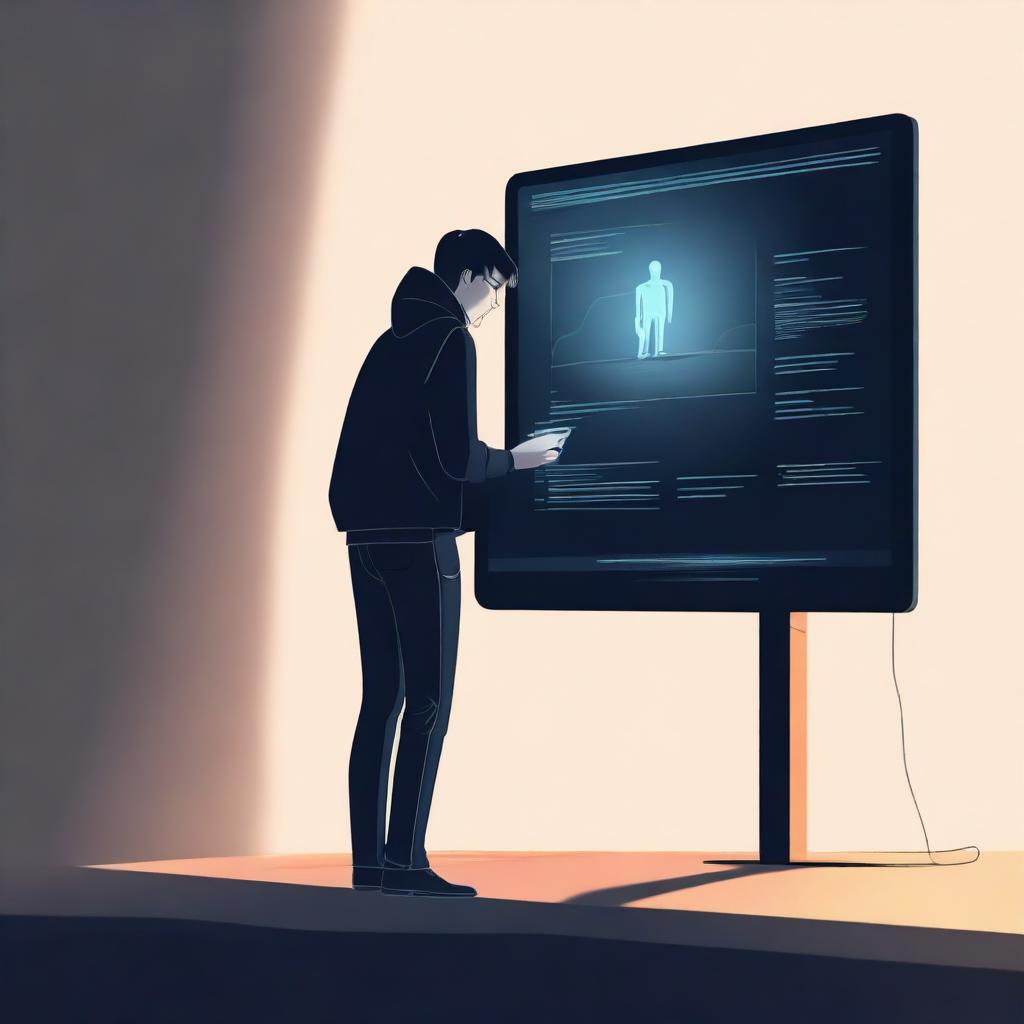 A high-quality digital art image shows a 22-year-old man, struggling with depression, standing on the edge of darkness and reaching towards a faint light from a computer screen displaying a User Experience Design interface