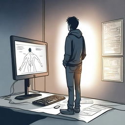 A high-quality digital art image shows a 22-year-old man, struggling with depression, standing on the edge of darkness and reaching towards a faint light from a computer screen displaying a User Experience Design interface