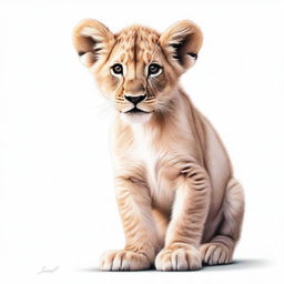 A high-quality, detailed drawing of a lion cub either walking or sitting against a stark white background