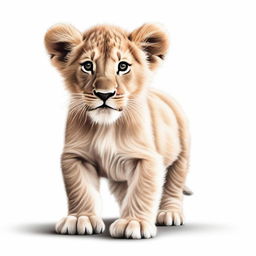 A high-quality, detailed drawing of a lion cub either walking or sitting against a stark white background