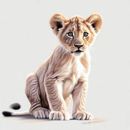 A high-quality, detailed drawing of a lion cub either walking or sitting against a stark white background