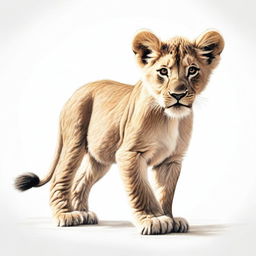 A high-quality, detailed drawing of a lion cub either walking or sitting against a stark white background