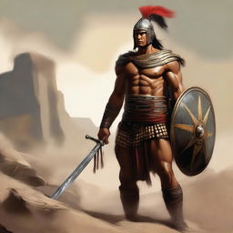 A high-quality digital painting depicting a capable male warrior, a partial leader of an army from the 7th century BC