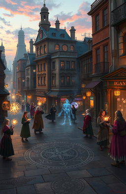 An urban landscape filled with magical elements and intriguing mysteries, featuring mages and sorcery
