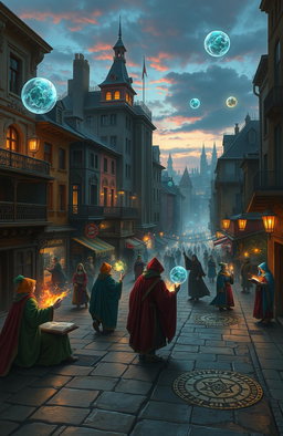 An urban landscape filled with magical elements and intriguing mysteries, featuring mages and sorcery