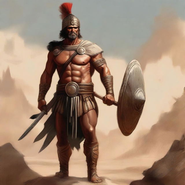 A high-quality digital painting depicting a capable male warrior, a partial leader of an army from the 7th century BC