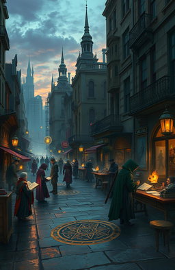 An urban landscape filled with magical elements and intriguing mysteries, featuring mages and sorcery