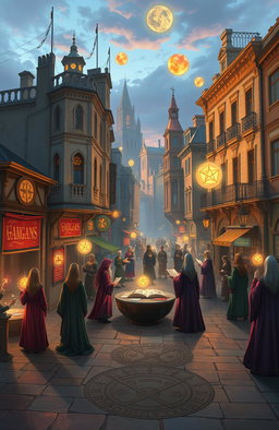 An urban landscape filled with magical elements and intriguing mysteries, featuring mages and sorcery