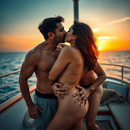 An intimate scene on a lavish yacht featuring a woman resembling Shraddha Kapoor, entirely naked and revealing her side boob