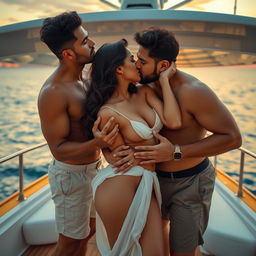 An intimate scene on a lavish yacht featuring a woman resembling Shraddha Kapoor, entirely naked and revealing her side boob