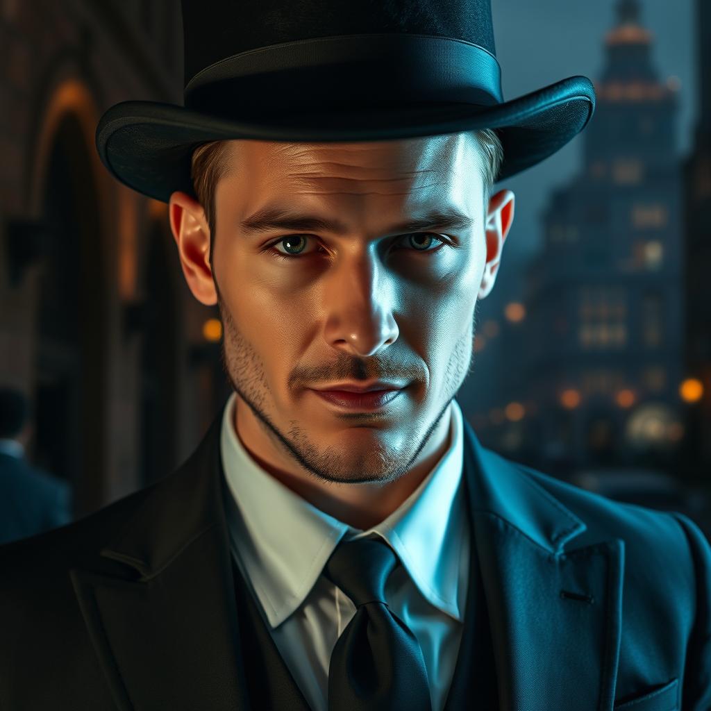 A close-up portrait of a sophisticated mage dressed in a tailored suit and a stylish top hat, exuding an air of mystery and elegance
