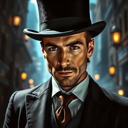 A close-up portrait of a sophisticated mage dressed in a tailored suit and a stylish top hat, exuding an air of mystery and elegance